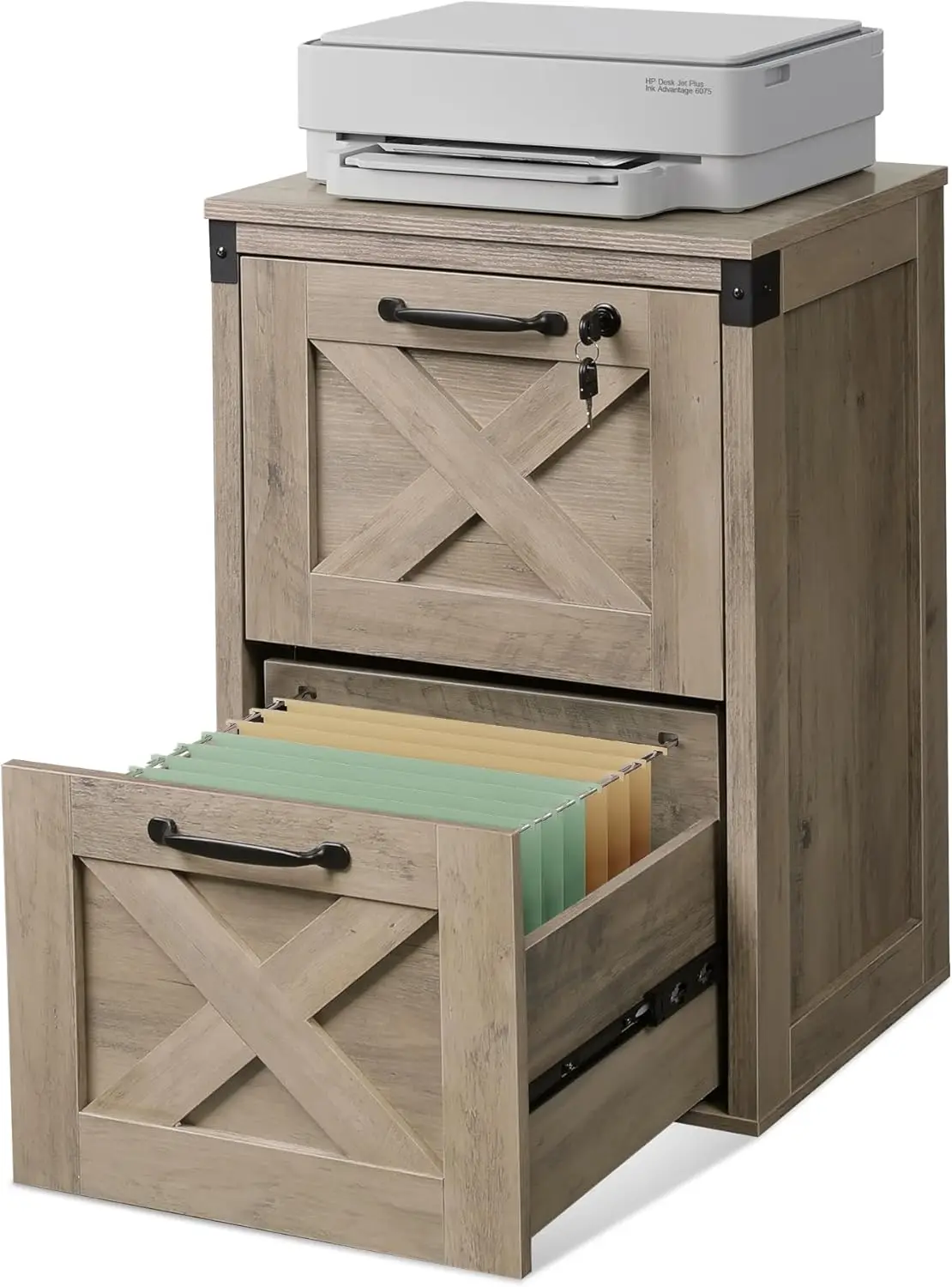 File Cabinet with Lock, Wood Farmhouse Filing Cabinet for Home Office, Printer Stand Fits Letter and A4 Size, Gray Oak