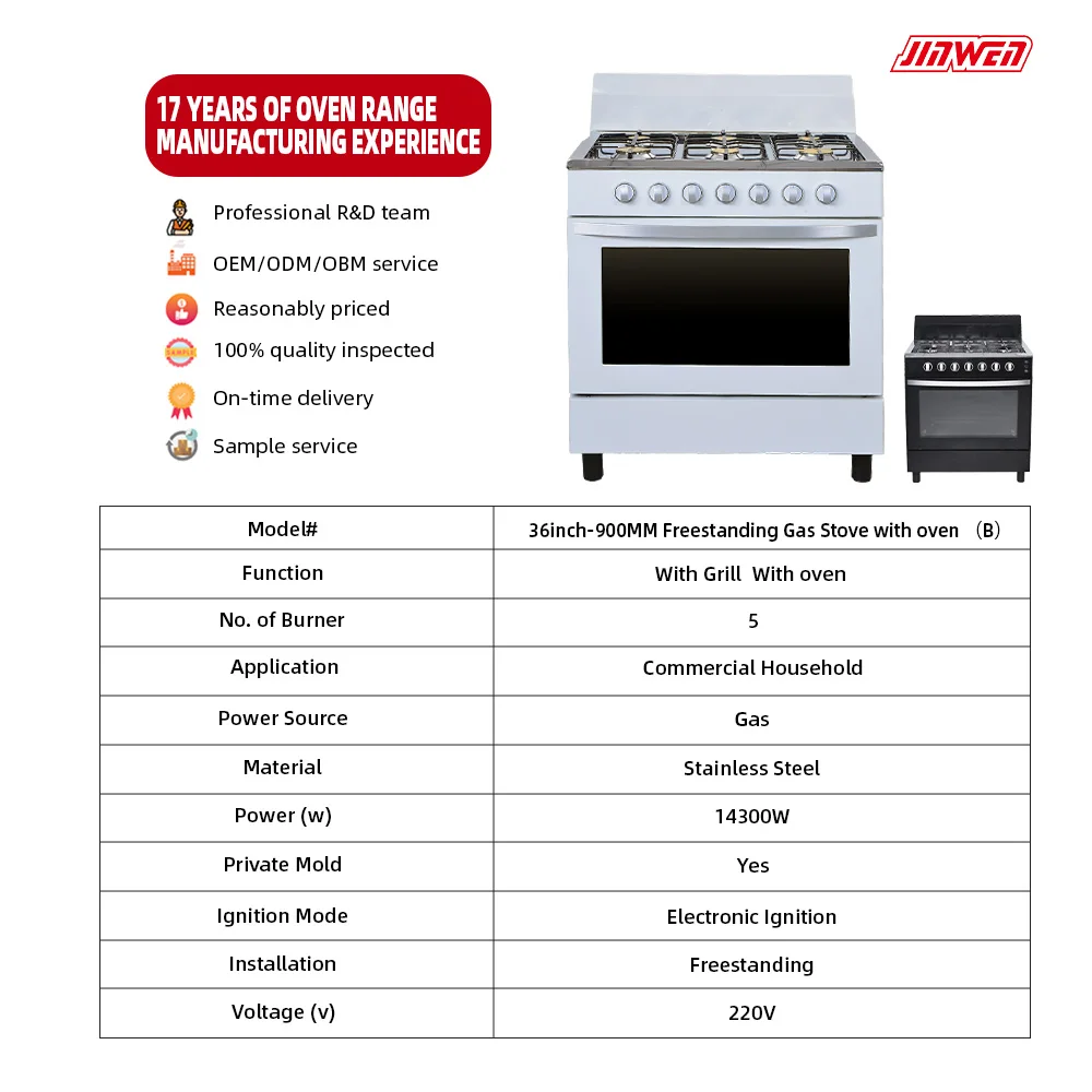 High Quality 36inch 900mm Freestanding 5 Hole  American Gas Electric Propane Oven Luxury Range Stove 5 burner with Oven