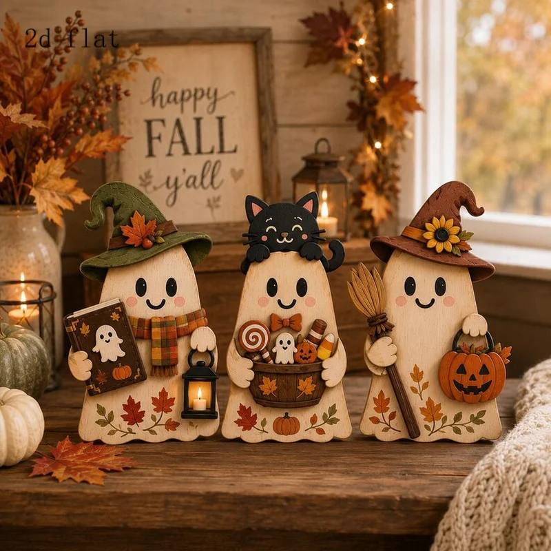 3-Piece Set of Cute Autumn Ghost Wooden Tabletop Signs, Layered Wooden Ghost Family, Autumn Decorations, Vintage Wooden Blocks, Can Be Used for Shelf Decoration, Featuring Elements Such as Ghosts, Black Cats, Pumpkins, Etc., Ideal Gift for Halloween and Christmas.