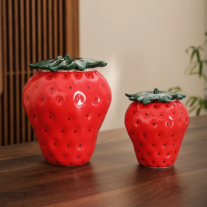Modern Strawberry Ceramic Tea Caddy Special-shaped Abstract Decoration Jar Moisture-proof Sealed Crafts Jar Gift Home Decoration