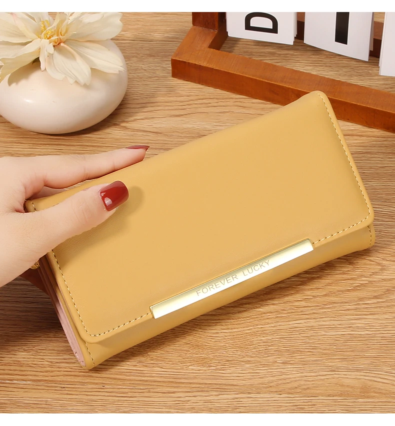 Damen Lange PU-Geldbörse 2-fach Faltbar Einfarbige Clutch mit Mehreren Kartenfächern Große Kapazität Reißverschluss-Geldbörse Koreanischer Stil Damen-Handgeldbörse – Detail 13
