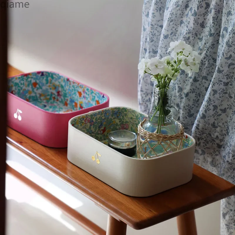 Pastel Color Fabric Storage Bins with Cherry Embellishment - Floral Lined Organizer for Makeup/Jewelry