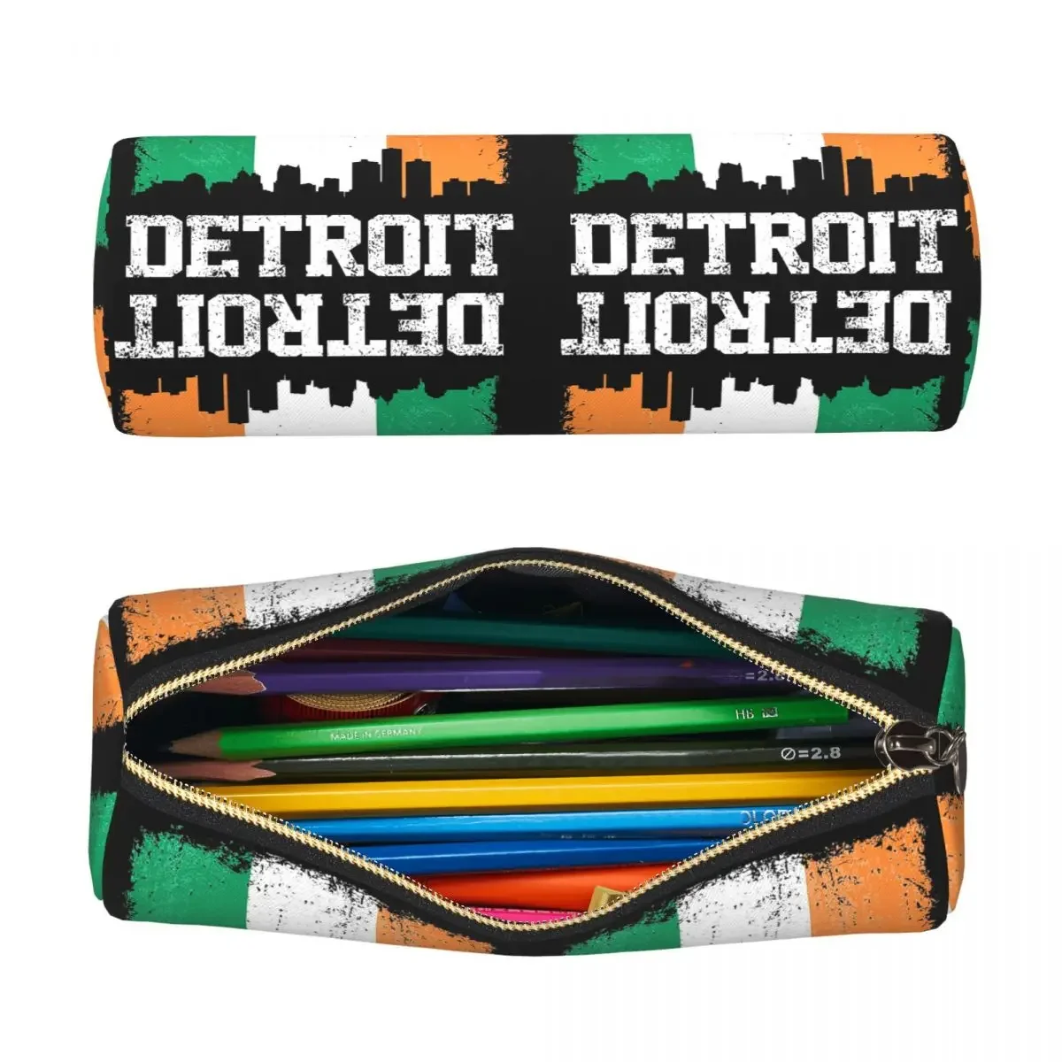 Vintage Detroit Irish Flag Skyline Pride Pencil Case for Boys Girls School Cylinder Pen Box Pencil Bag Pen Holder