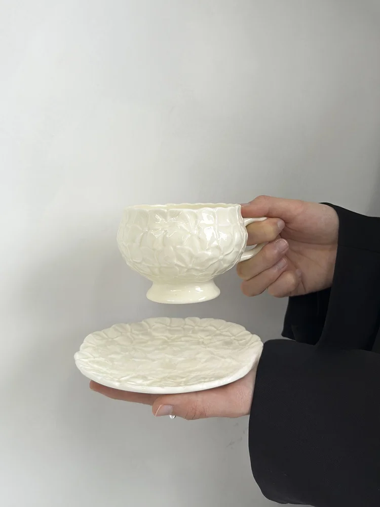 Handmade Ceramic Coffee Cup Set Orange Half Cup High-End Relief Afternoon Tea Water Cup Gift French Style Vintage Popularity