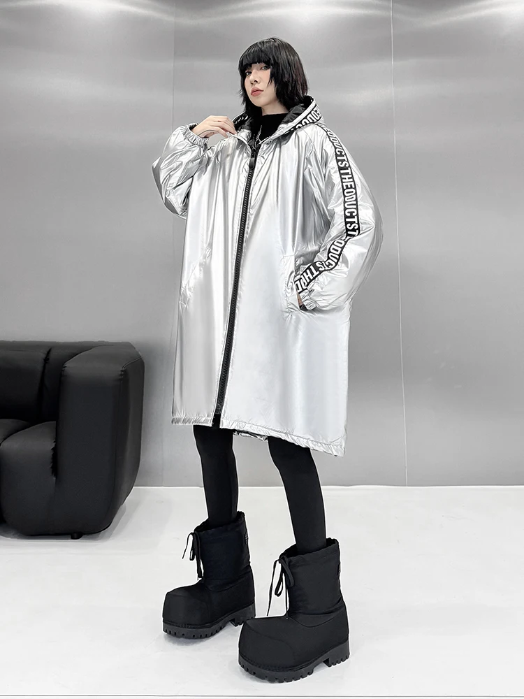 XITAO Solid Color Hooded Zipper Women Parka Full Sleeve Print Letter Casual Fashion Loose Female Silvery Parka Winter ZYY1087