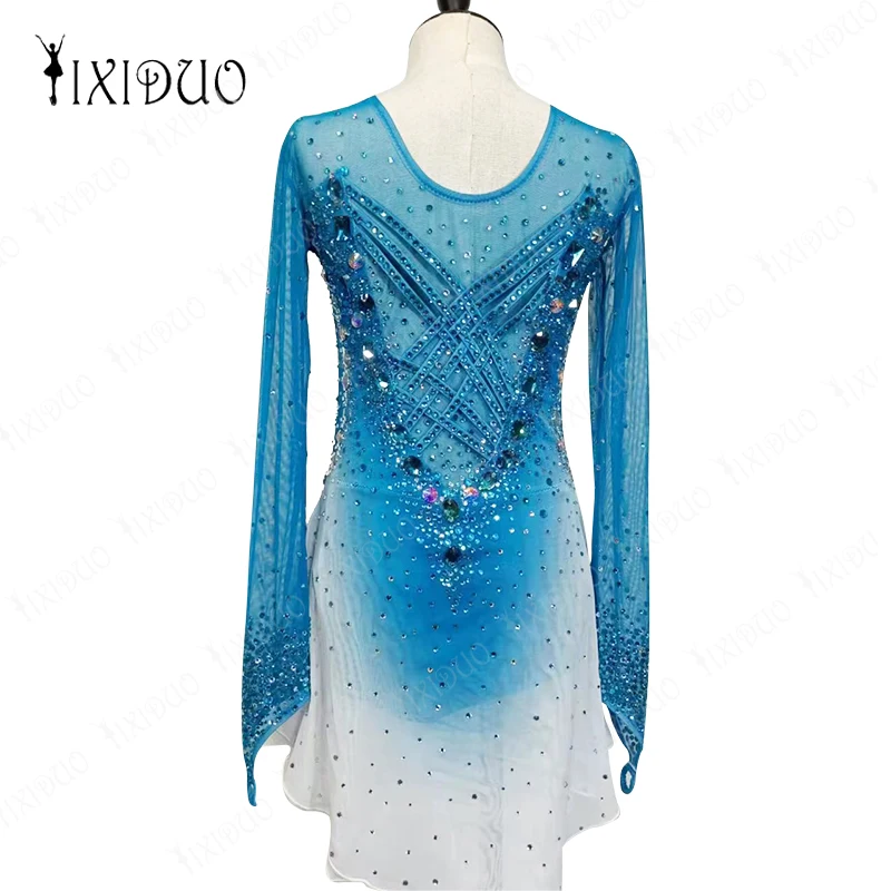 Blue Womens Rhinestone Figure Ice Skating Dress Gymnastics Leotard Dress Long Sleeve Mesh Splice Competition Dance Costume