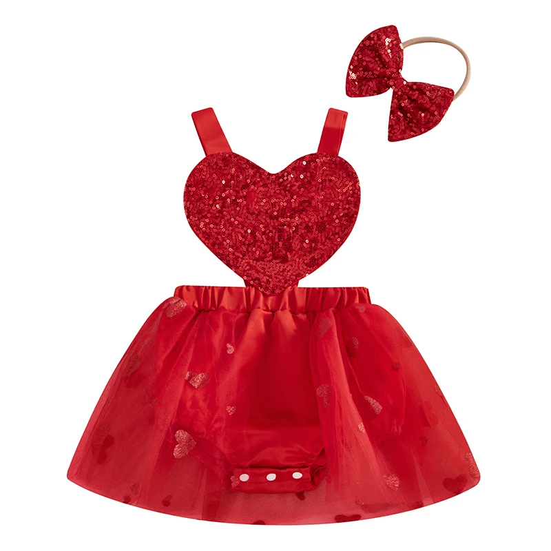 Baby Girl Romper Dress Casual Valentine s Day Heart Sequins Sleeveless Jumpsuit and Headband Set Fashion Clothes Outfits