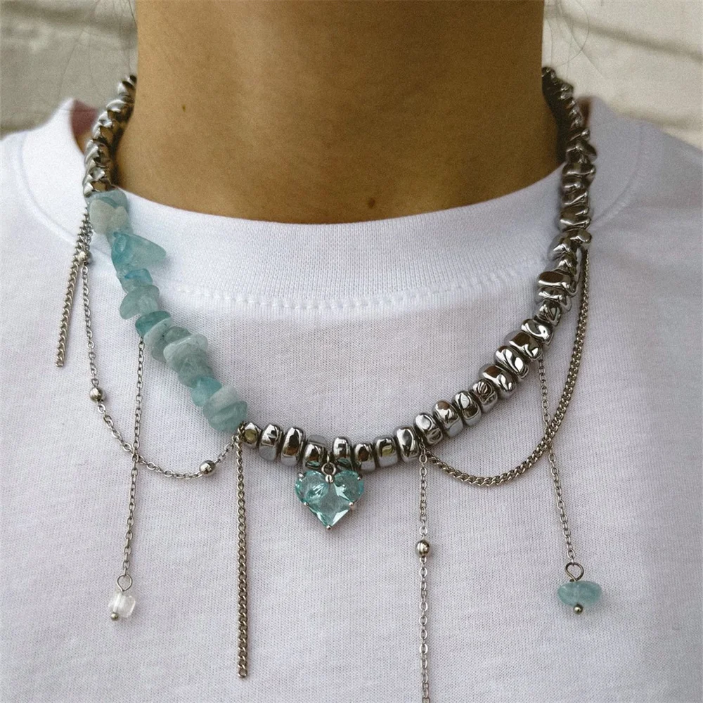Fashion Vintage Silver Color Geometric Bead Chain Necklace For Women Female Boho Tassel Heart Pendant Jewelry New