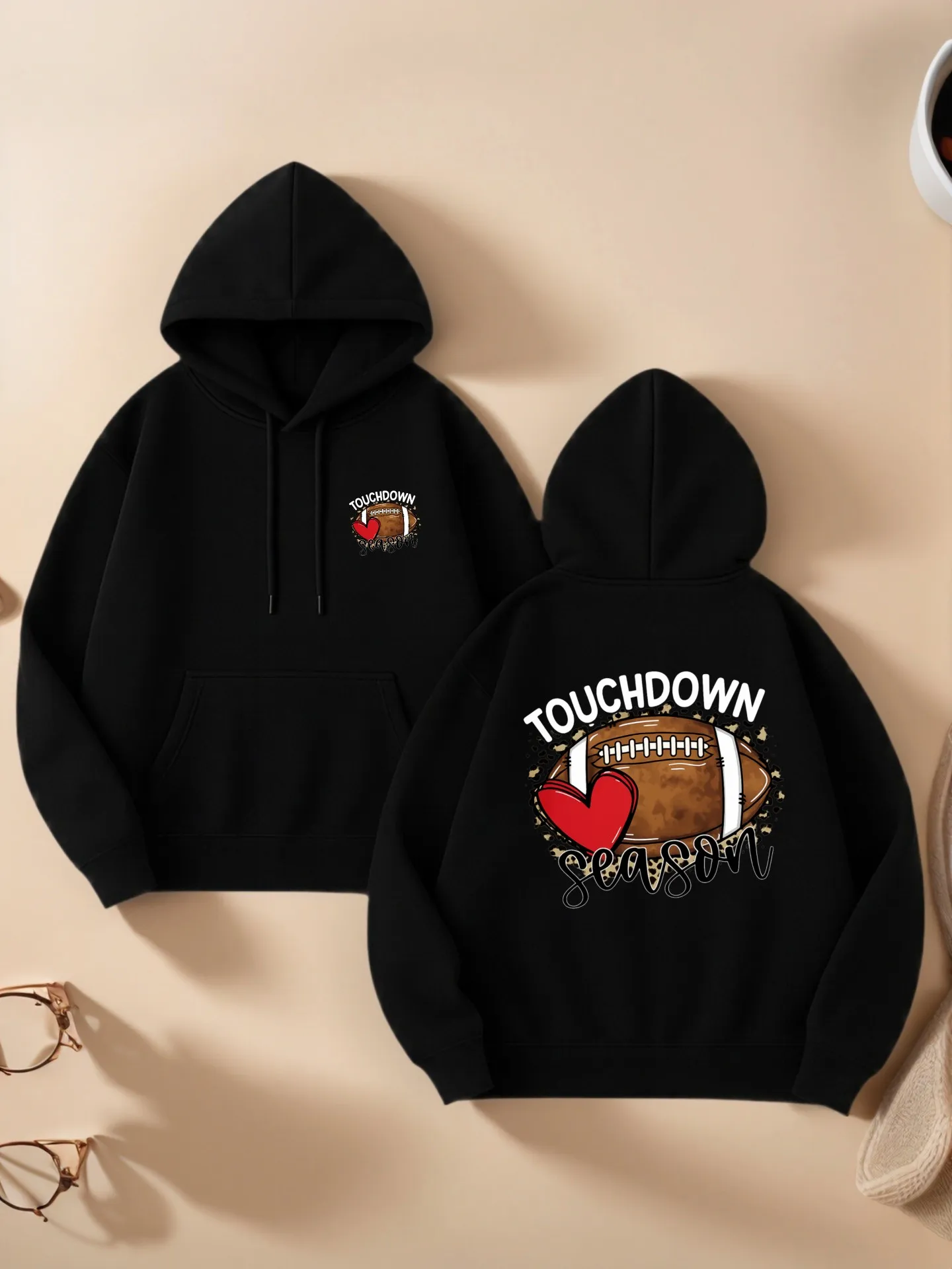 Football Heart Graphic Print Essential Hoodie, Casual Aesthetic Style, Fleece Fabric, Casual Everyday Wear, For Teens