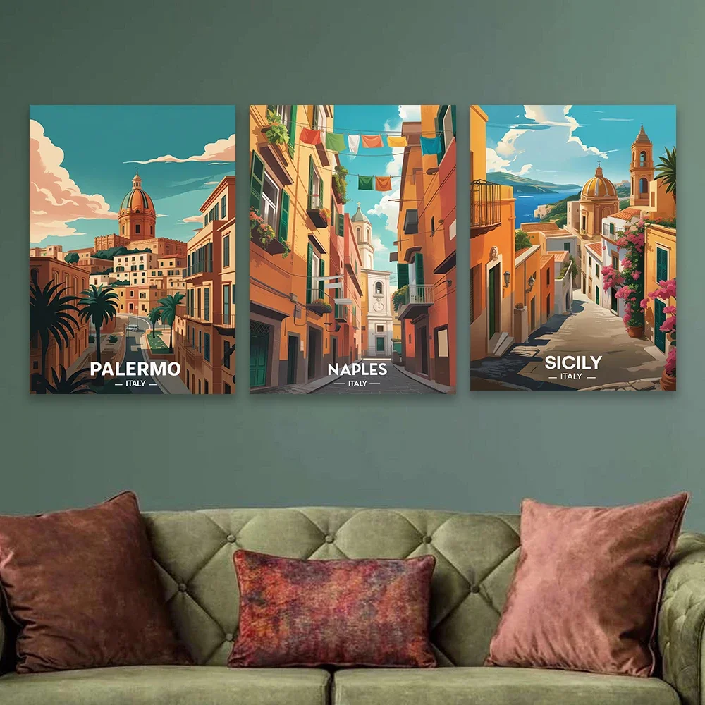 Napoli Travel Poster Naples Italy Landscape Prints Mid-Century Modern Sicily Italy Travel Canvas Painting Home Decor