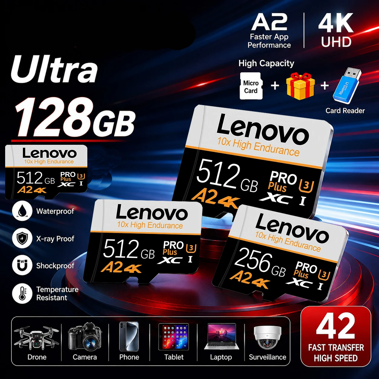 Carte mémoire Micro TF/SD XC originale Lenovo 100 Mo/s UHS-I Classe 10 16 Go 32 Go 64 Go 128 Go 256 Go 512 Go pour Sony 4K U3 Carte flash SD