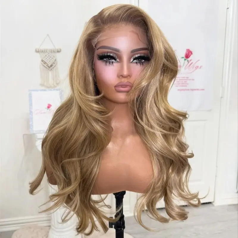 

Party Wigs 13x4 Ombre Honey Broown Blonde Synthetic Lace Front Wig Natural Wave Glueless Wig Ready to Wear For White Black Women