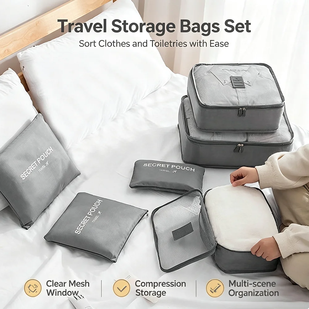 6pcs Travel Clothes Storage Bags Set Portable Luggage with Zipper Organizer Suitcase for Luggage Clothing Underwear Organization