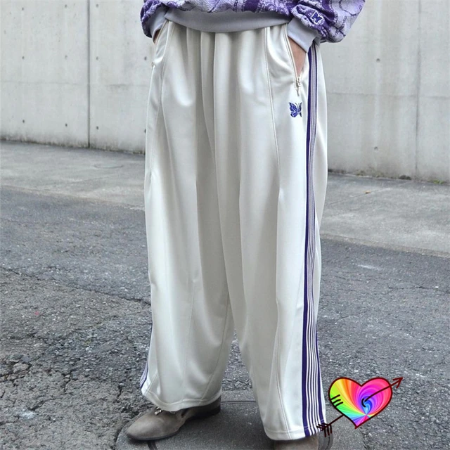 23SS White Needles Wide Leg Pants Needles Track Pants Blue Knit Stripe  Butterfly Sweatpants AWGE Trousers - AliExpress