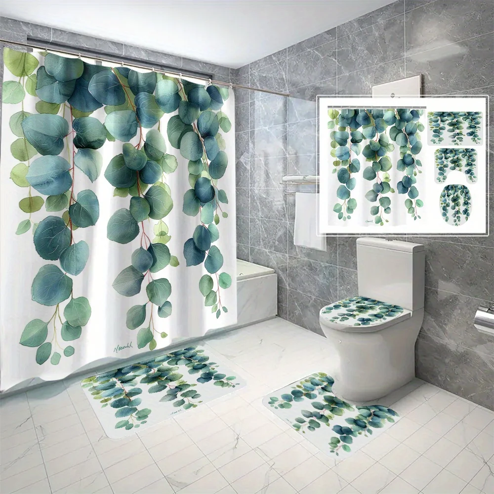 

Набор из 4 водонепроницаемых полиэстеровых занавесок для душа с узором листьев эвкалипта и крючками — цифровая печать, можно стирать в машине