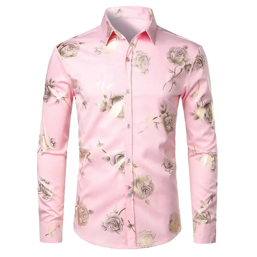 Men's Casual Shirts Long Sleeve Stretch Buttoned Turn Down Collar Vintage Shirts Male Party Daily Printing Lapel Shirt