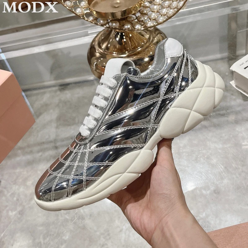 2024 Autumn/Winter Lace-up Casual Sneakers Metallic Silver Genuine Leather Fashion All-match Comfortable Round Toe Ladies Shoes