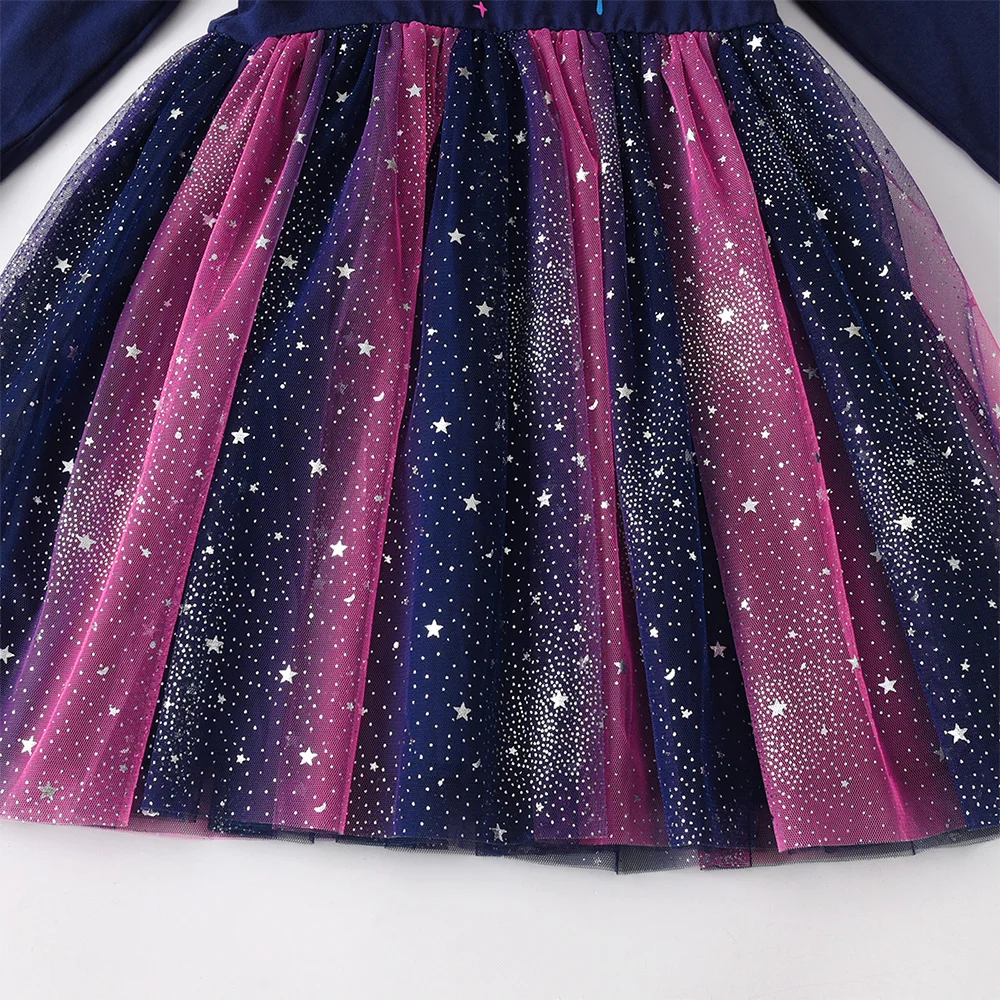 Mädchen Galaxy Stern Schmetterling Druck Langarm Tüll Prinzessinnen-Partykleid Kleinkinder Herbst Frühling Farbverlauf Ombre Marineblau Outfits – Detail 14