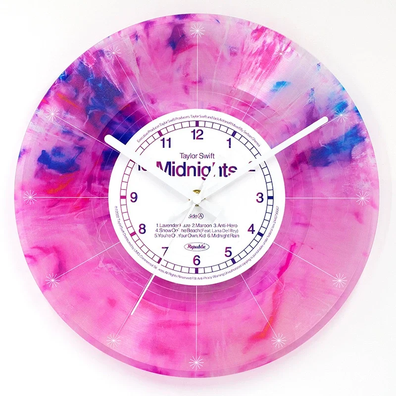 Purple Pink Record Pattern Wall Clock Midnight Album Vinyl Transparent CD Living Room Wall Watch Home Decor Accessories Fan Gift