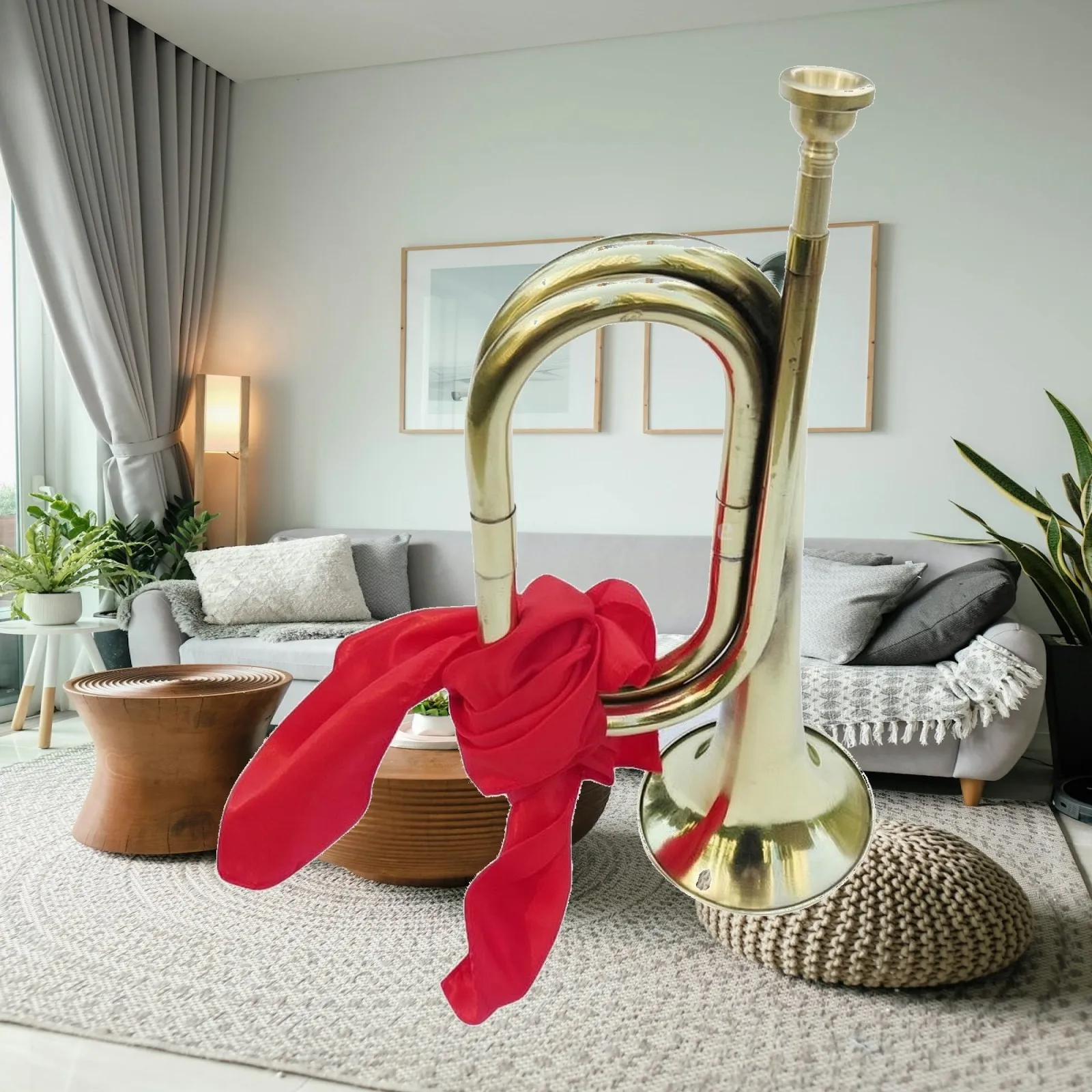 Traditional Brass Horn Bugle for Marching Corps Coiled Tubular Instrument Detachable Mouthpiece for Regular Use