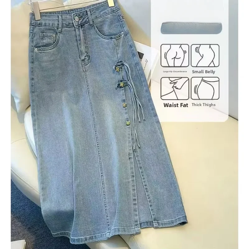 New Chinese Style Embroidered Denim Skirt Women's Summer Thin Buttoned Mid-length Slit Wrap Around Skirt A-line Skirt