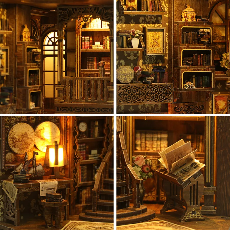 DIY Wooden Antique Book Collection Room Book Nook Shelf Insert Miniature Model Kits With Light Bookshelf Bookend Friends Gifts