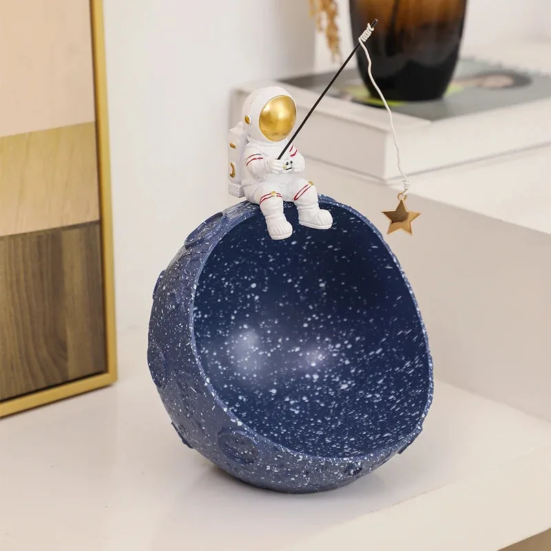 Astronaut on Planet Storage Bowl Figurine, Resin Space Desk Organizer Ornament for Bedroom Table Key Tray Home Decor
