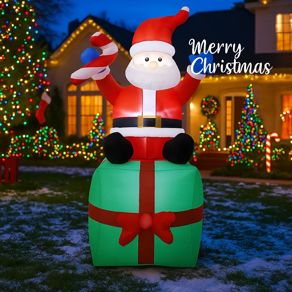 5.91FT Inflatable Mold Santa Gift Box Toy LED Lit Festive Christmas Gifts Xmas Yard Lawn Party Decorations  Home Decoration