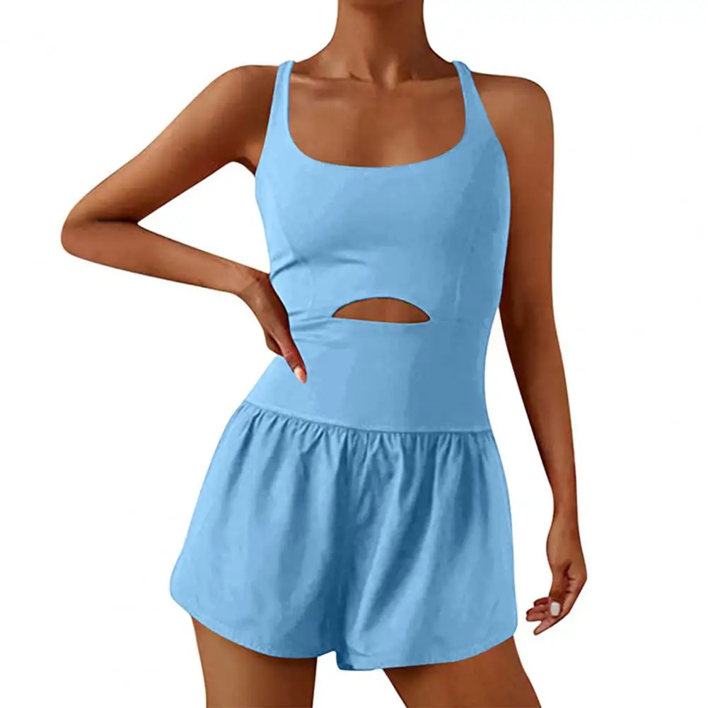Quick Dry Yoga Jogging Rompers Women Sports Rompers U Neck Sleeveless Hollow Out Pleated Shorts Cross Back Sexy Style Romper 80%