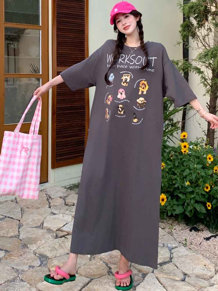 NYFS ฤดูร้อน 2025 ชุดสตรีหลวมพลัสขนาดการ์ตูนลูกสุนัขพิมพ์เสื้อยืดแขนสั้นชุดยาว Robe Elbise