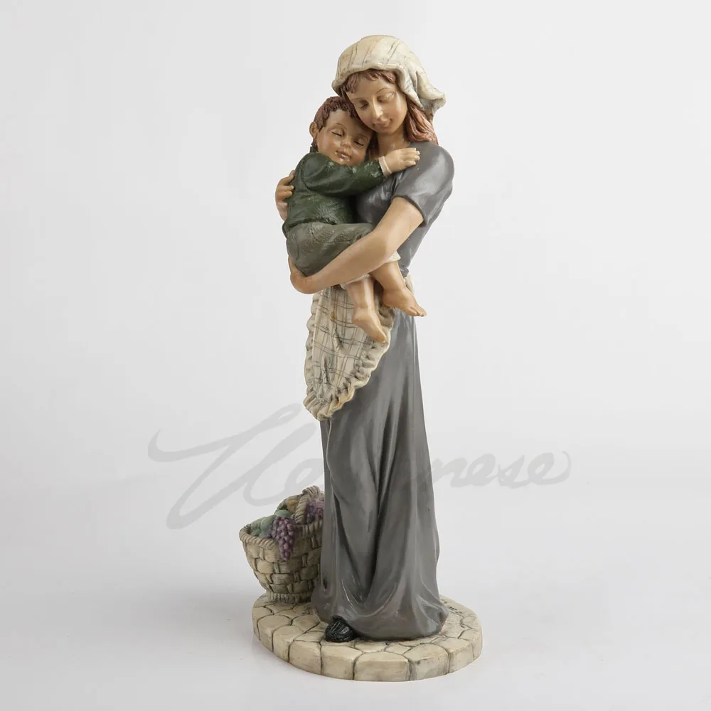 Vintage Resin Mother Holding Sleeping Baby Figurine Farm Woman Child Statue With Grape Basket Home Tabletop Decorative Ornament