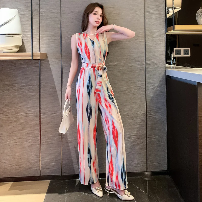 

​New Arrival 2026 Spring Summer Printed Jumpsuit Women High Waist Belted Wide Leg Pants Elegant Korean Style​