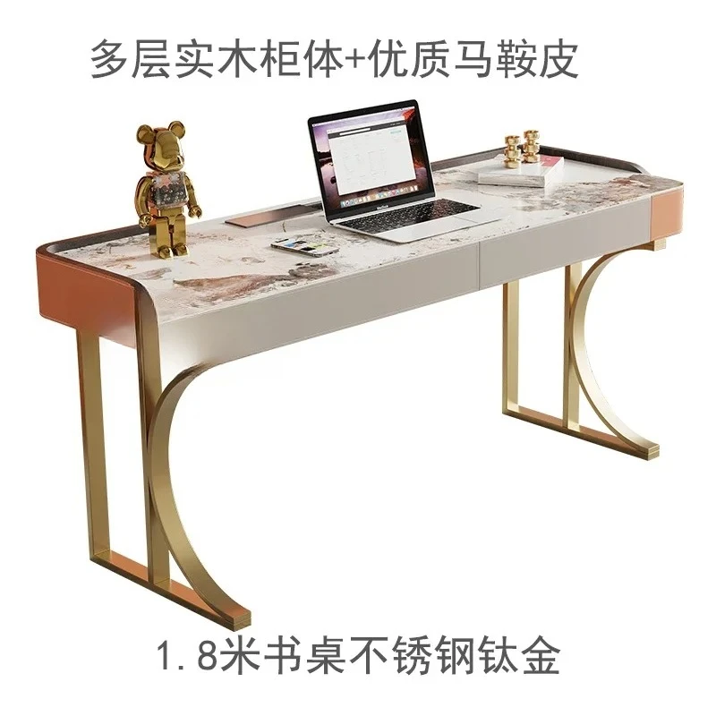 JJSaddle Leather Desk Solid Wood Rock Slab Desk Study Table Modern Simplicity