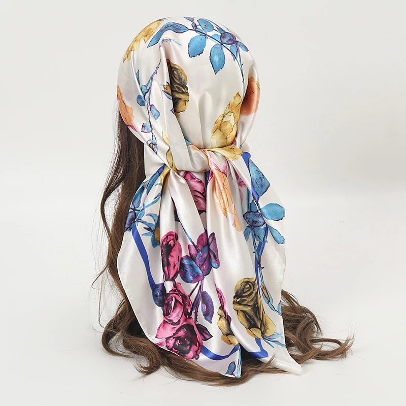 Pañuelo Cuadrado de Satén con Estampado Floral de Primavera para Mujer, Hiyab Musulmán, Pañuelo de Seda, Chal, Envoltura para la Cabeza, Foulard, Bandana, Turbante
