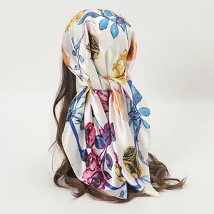 Spring New Flowers Print Satin Square Scarf for Women Muslim Hijab Silk Neckerchief Shawl Wraps Headband Foulard Bandana Turban