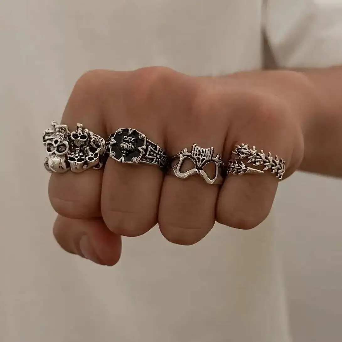 SHIXIN 4Pcs/Set Gothic Creative Skull Ring Men Hip-Hop Punk Stack Silver Color Adjustable Open Rings Halloween Jewelry Accessory