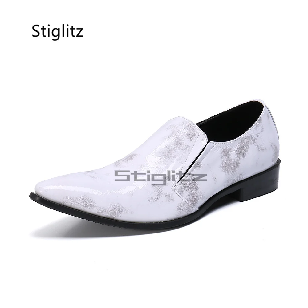 Men's White Genuine Leather Wedding Shoes Slip On Loafers Pointed Toe Low Heel Formal Dress Business Shoes Big Size 38-47