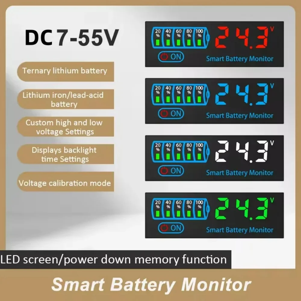 DC 7-55V LED Voltage and Battery Capacity Display Board Low Voltage Alarm Power Failure Memory Function Battery Charge Indicator