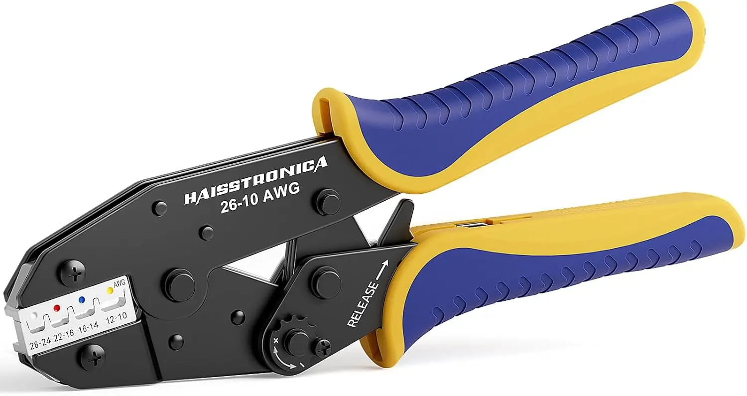 

Ratcheting Crimper Tool for Heat Shrink Connectors AWG 26-10, Wire Terminal Crimper for Insulated Nylon Electrical Connectors