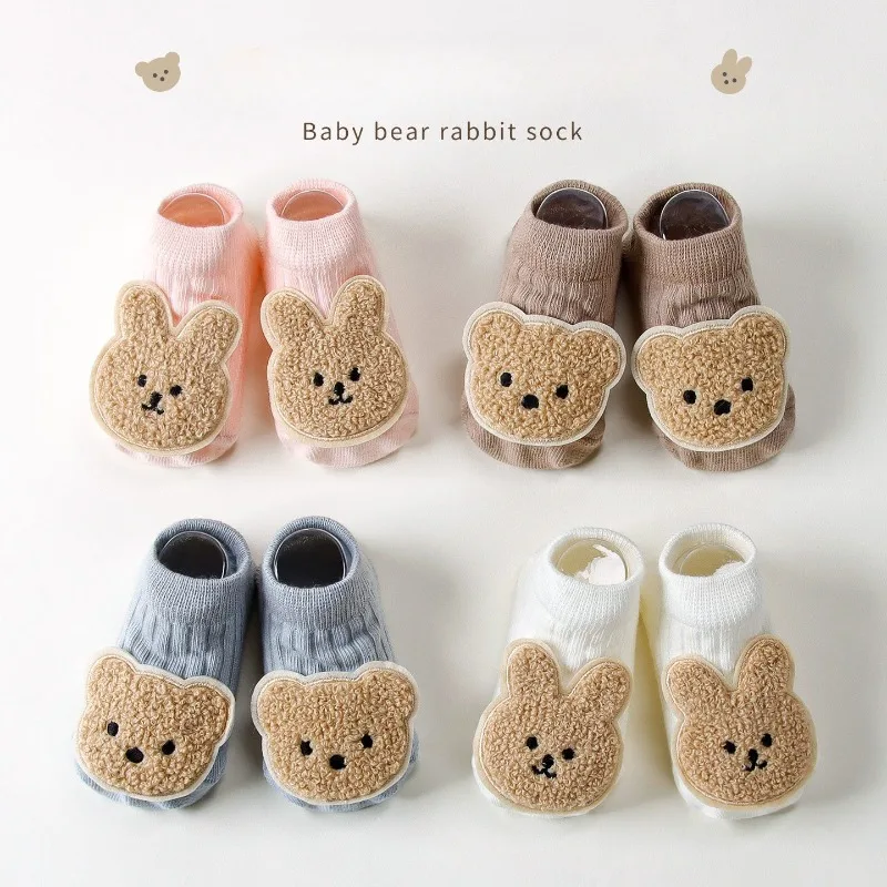 Newborn Baby Socks Non Slip Grip Dots Cute Bear Print Ankle Socks Anti-Slip Sole Spring Fall Soft Cotton Sock for Infant Toddler