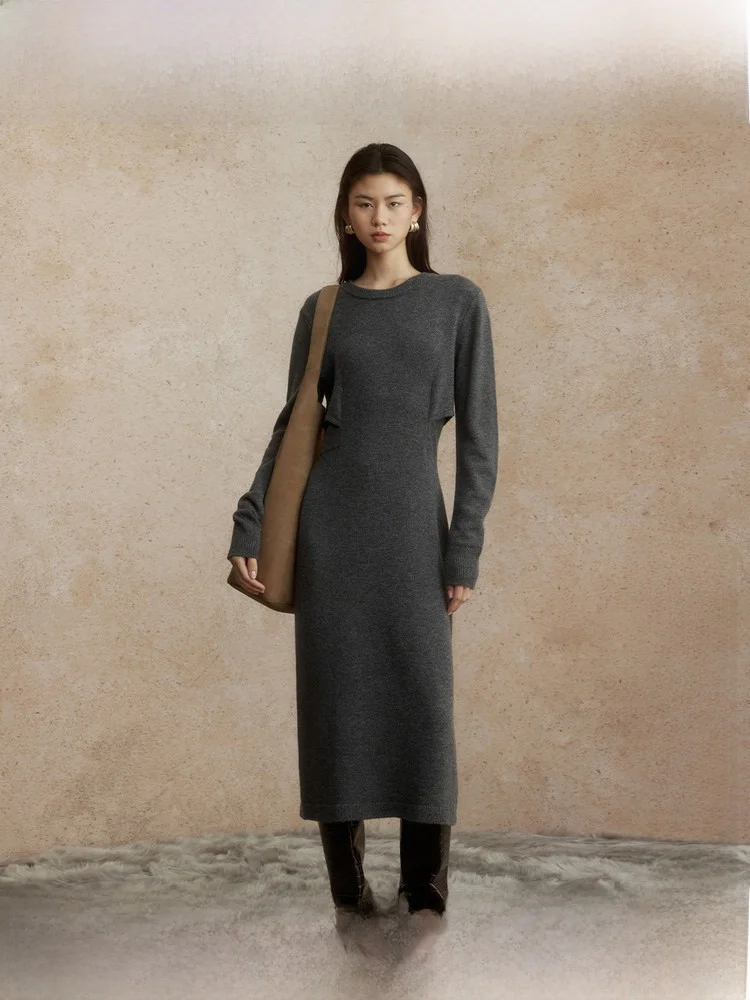 

Элегантное шерстяное платье миди с завышенной талией для женщин от ZHIZHI: простое, стильное, для повседневной носки, зимнее, с длинным рукавом