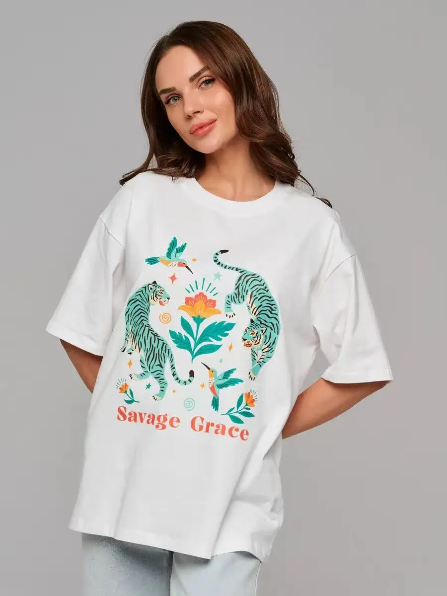 Boho American Retro Cartoon Tiger Bird Flowers Printed White Cotton Short Sleeve Loose Women Tshirts O-neck Kawaii Clothes 2026