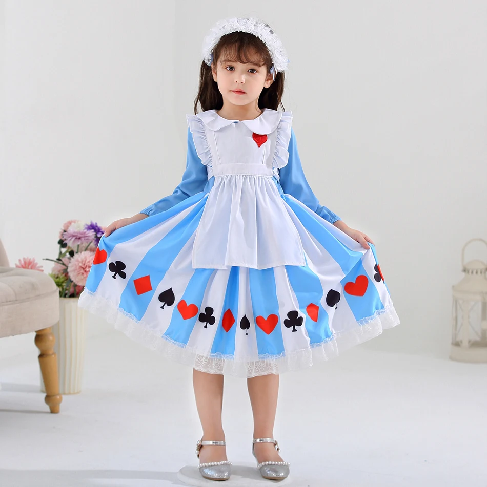 Alice Lolita Princess Dress Children Long Sleeves Maid Frocks 2Pcs Cosplay Stage Costume Girls Halloween Disguise Event Clothing