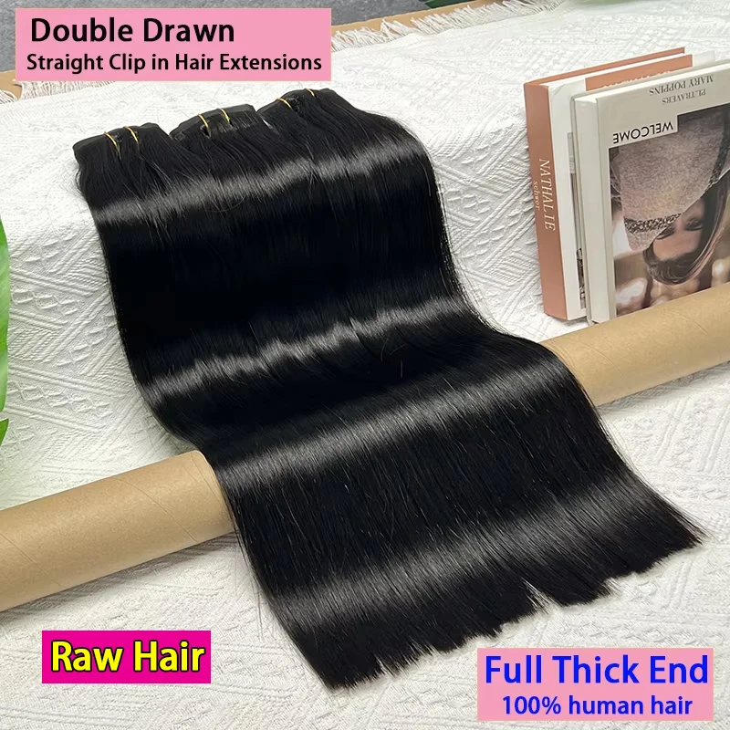 Double Drawn Straight Seamless Clip Ins Human Hair Invisible PU Clip In Extensions Unprocessed Raw Virgin Hair Full Thick End