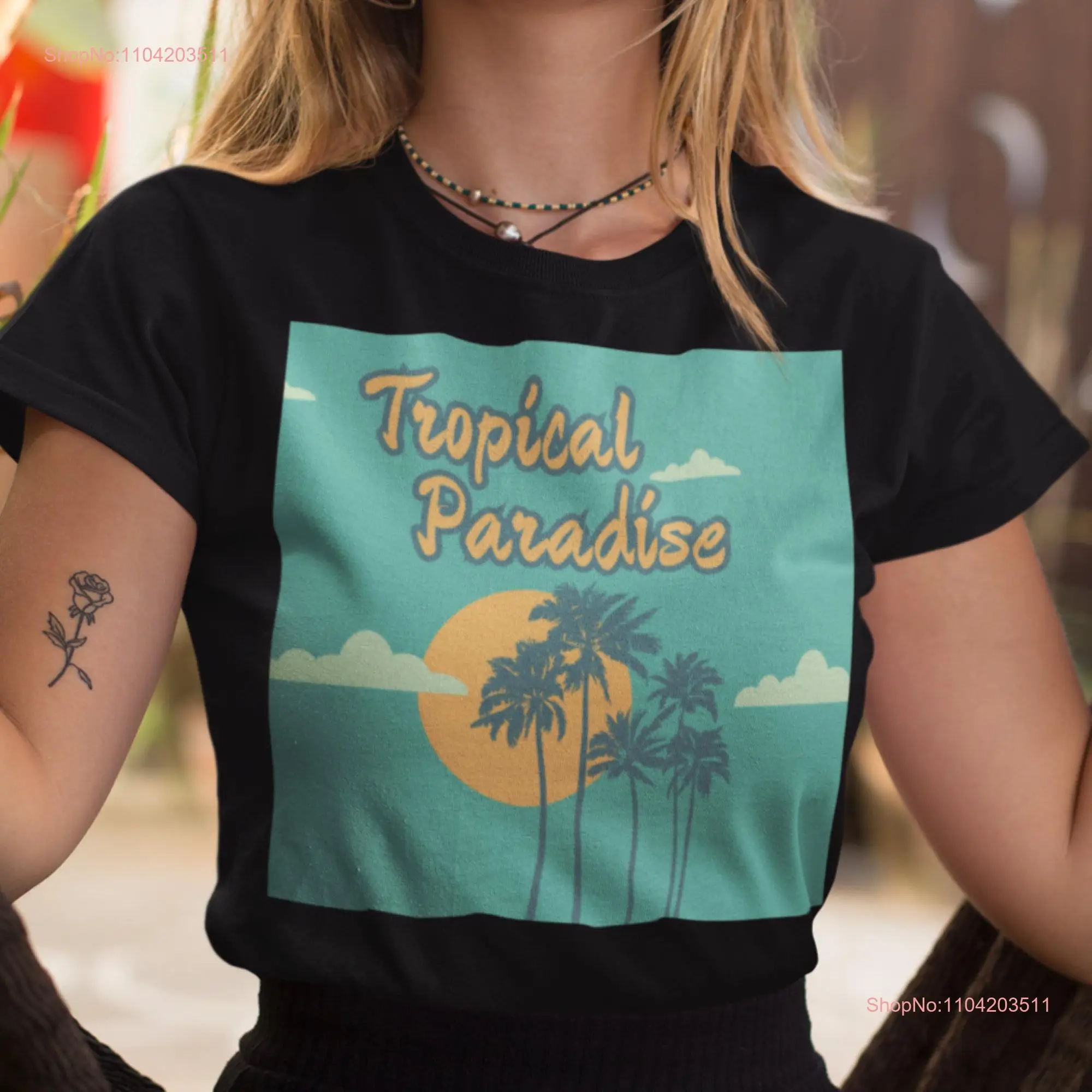 Camiseta Tropical Paradise en Aqua Sky y Orange Sun Beachwear manga larga o corta