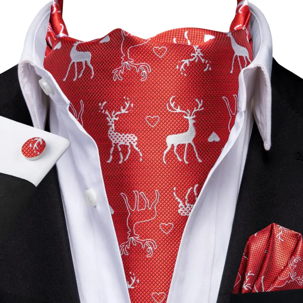 

Hi-Tie Silk Red Mens Christmas Ascot Hanky Cufflinks Set Jacquard Snow Deer Vintage Xmas Cravat Tie Wholesale for Male Prom