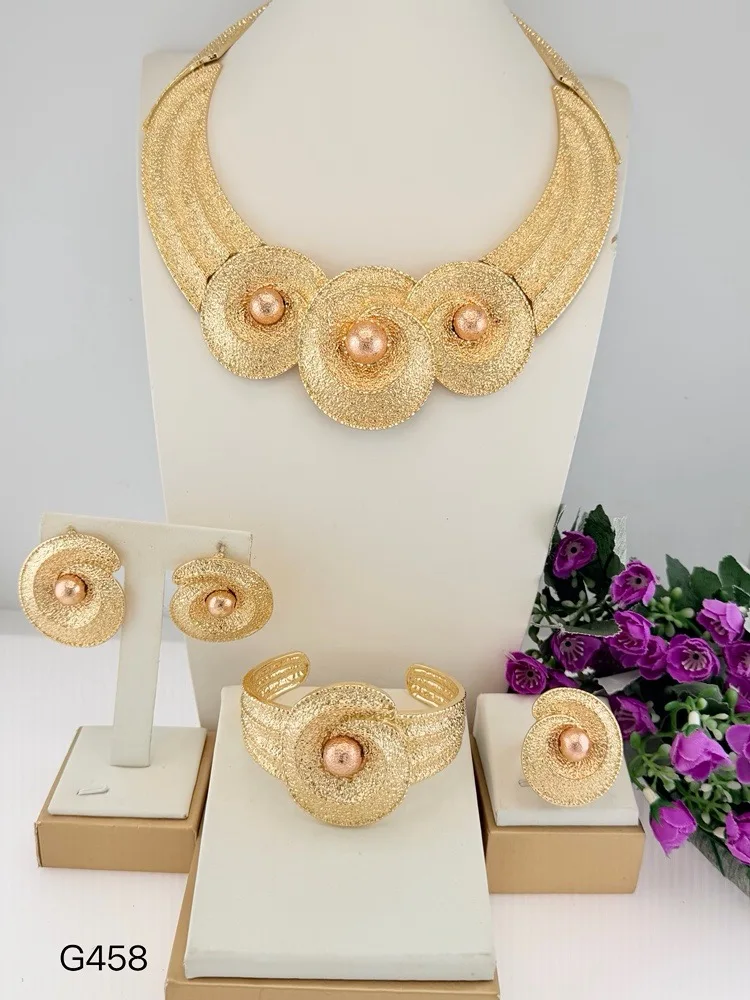 Geometric Circular Women Jewelry Set Gold Silver Plated Choker Necklace Earring Bracelet Ring Dubai African Bridal Party Wedding