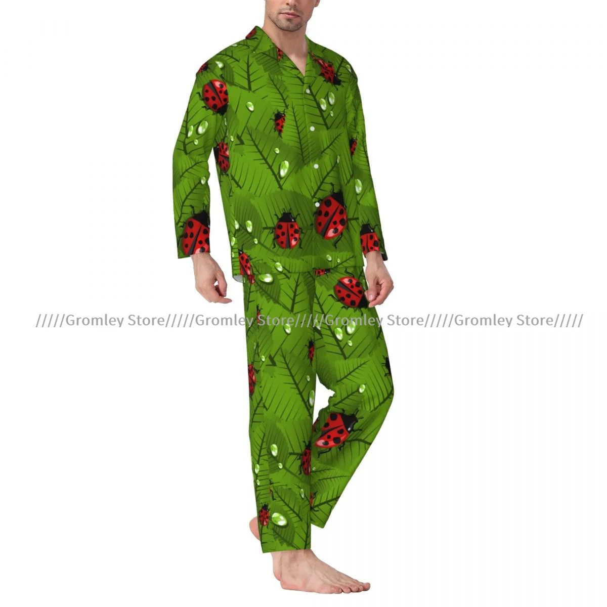 Conjuntos de pijamas para hombre, ropa de dormir de primavera con hojas y escarabajo y mariquita, prendas de vestir de ocio de manga larga, ropa de descanso para otoño e invierno