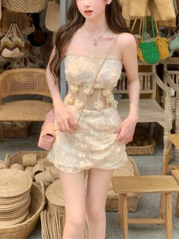 France Y2k Sexy Flower Party Dress Women Summer Lace Solid Strepless Mini Dress Female Fashion Chic Mesh High Street Clothing