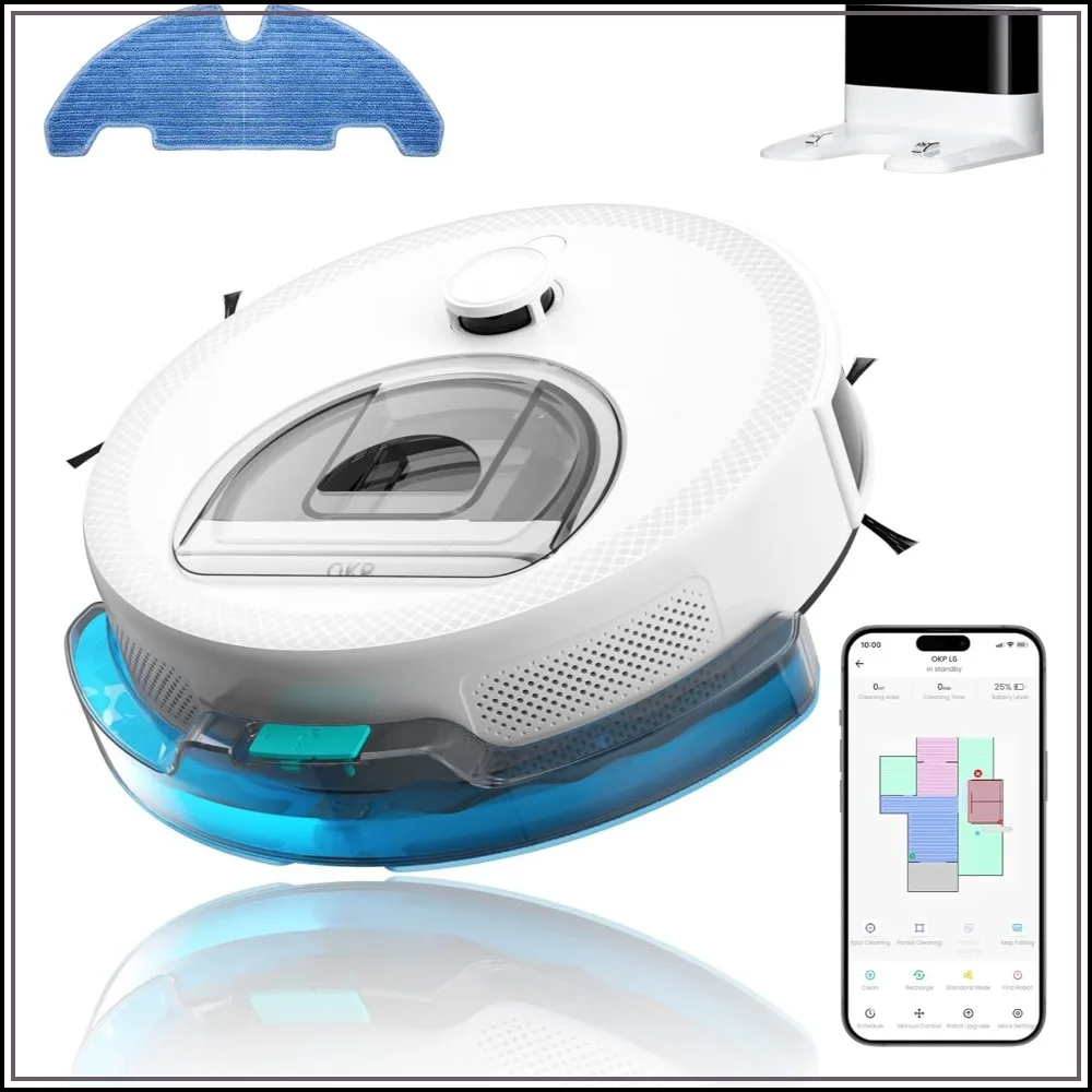 Robot Aspirapolvere e Lavapavimenti Lidar 6000Pa, Mappatura Intelligente, Sottile 3.7in, 150 Min Max, WiFi/App/Alexa, per Peli di Animali Domestici, Pavimenti Duri e Tappeti